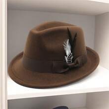 Men Felt Fedora Hat Vintage Short Brim Trilby Hat Lightweight Panama Hat With Feather - Màu nâu - Xem 2