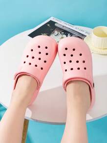 女士纯色时尚木屐 - 时尚镂空设计 - 透气花园和沙滩鞋 - 轻便、快干、防滑 - 非常适合夏季户外穿着 可爱凉鞋女士夏季新款户外防滑沙滩 EVA 包头拖鞋女士夏季室内防滑浴室淋浴休闲简约情侣人字拖 - 粉色 - 查看 5