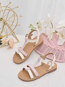 1 双女童时尚简约拼色 T 型带平底凉鞋，适合夏季度假、海滩、日常穿着 - 粉色 - 查看 2