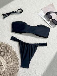 Conjunto de bikini negro para mujer | Top bandeau con cruce en el pecho y aplicaciones doradas con conchas - Traje de baño sexy para escapadas tropicales