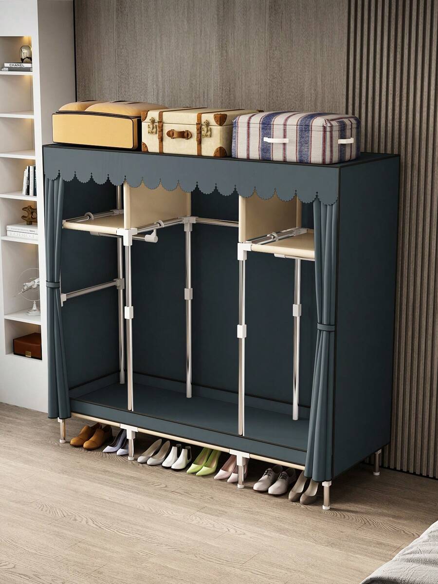 1 Standalone Metal Wardrobe Organizer System, 59.05 Inch Width, Sturdy Steel Frame With Reinforced Joints, Waterproof Fabric Cover, Moisture & Dust Proof, Easy To Clean, Standalone Weather-Resistant Closet, Enclosed Storage Capacity ≥3.2 Cubic Feet, Height ≥27 Inch, Wall-Mounted Wardrobe System