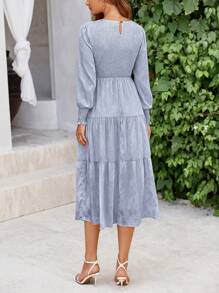 Women's Fall Midi Dress Long Sleeve Floral Smocked Elegant Wedding Guest Long Flowy Dresses - 灰藍 - 查看 2