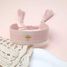 1 pieza Pulsera trenzada con bordado de cruz creativo - Rosa Pálido - Ver 2