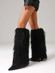 Stiletto High Heel Women Knee High Boots Furry Fluffy Fashion Luxury Sexy Elegant Nightclub Halloween Winter Snow Shoes For Woman - màu đen - Xem 1
