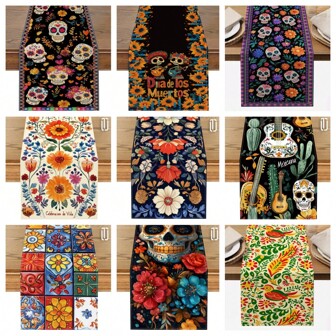 1 件鲜艳的墨西哥狂欢节涤纶桌布 - 编织矩形设计，适合亡灵节、乡村厨房和餐厅装饰、亡灵节、餐桌装饰