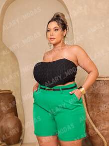 Plus Size Tailored Shorts With Elegant Belt Summer - Green - View 5