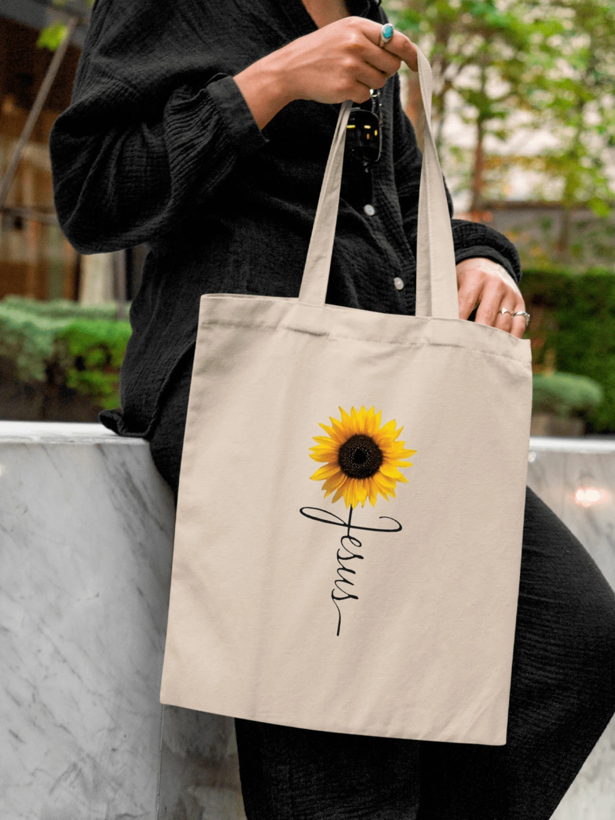 Ecobag Bag 100% Cotton Printed Jesus And Sunflower Summer Beach Vibe - Màu be - Xem 1