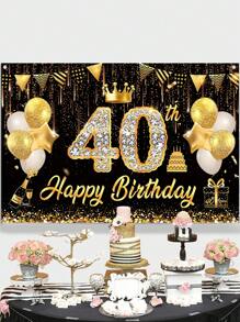1块亮黑色金色“生日快乐”背景布，适用于30岁、40岁、60岁、70岁、50岁生日派对装饰，150*100厘米涤纶背景布，亮面生日拍照背景布，生日庆祝背景布，家居装饰，房间装饰，墙面装饰，生日横幅装饰，节日派对用品 - 黑金生日 - 查看 9
