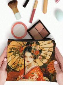 1pc Retro Japanese Style Pattern Makeup Bag Carry All Pouch - Zipper Lightweight Cosmetic Bag Travel Essentials Travel Accessories Travel Must Haves