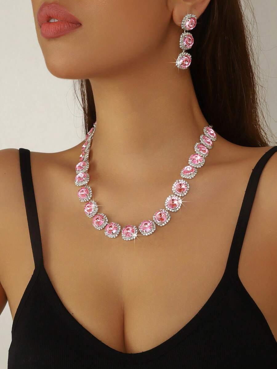 1 Set Luxury 3pcs Silver Bridal Jewelry Set, Includes 1 Pink Necklace, 2 Earrings And Wedding Accessories - Baby Pink - View 1