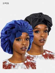 2pcs Women's Faux Silk Satin Ribbon Bow Wide Brim Sleep Cap, Round Hat, Hair Protection Headscarf Hats - Black/Navy - View 3