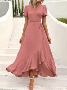 Women's Summer Wrap Dress Casual Boho Chic Floral V-Neck Short Sleeve Flanged Beach Holiday Dress - Hồng - Xem 5