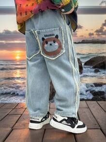 Young Boys' Cartoon Print Casual Denim Jeans, Spring - Blue - View 7