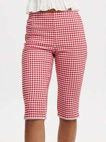 Women Plaid Capri Pants Mid Rise Side Split Knee Length Tights Casual Leggings For Daily Party Club - Red - View 3