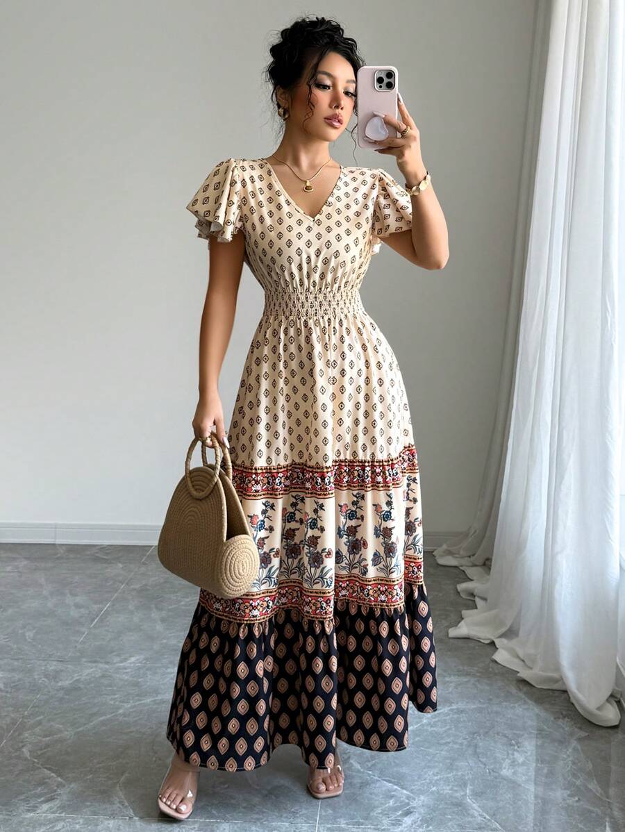 女士波西米亚风印花V领荷叶袖束腰A字长连衣裙 夏季度假连衣裙 优雅 - 彩色 - 查看 1