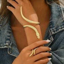 2pcs Set Adjustable Geometric Bangle & Ring Bracelet Jewelry Set, European & American Style Snake Design Versatile Accessories - Gold - View 2