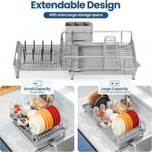 TOOLF Expandable Dish Rack Dish Drying Rack For Kitchen Counter Foldable Dish Dryer Rack Stainless Steel Dish Drainer Racks With Cutlery Holder Collapsible Dish Drying Racks Large Size Gray - 灰色1 - 查看 3