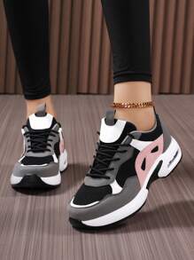 Plus Size Air Cushion Lightweight Casual Women Shoes, Black Patchwork Sports Shoes For Women Women's Platform Thick Bottom Sports Shoes Women's Wedge Sneakers Thick Sole Increase Height Women Sports Shoes Increase Height Men Shoes Men's Thick Sole Shoes Lace-Up Simple Couple Leisure Travel Shoes, Men's Sports Shoes - Black - View 3