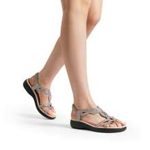 Women Comfort Flat Sandals Rhinestone Orthopedic Sandals Summer Walking Sandals With Elastica Back Strap Slip-On Vacation Beach Flats Shoes