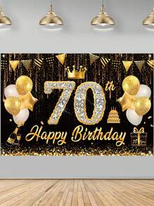 1块亮黑色金色“生日快乐”背景布，适用于30岁、40岁、60岁、70岁、50岁生日派对装饰，150*100厘米涤纶背景布，亮面生日拍照背景布，生日庆祝背景布，家居装饰，房间装饰，墙面装饰，生日横幅装饰，节日派对用品 - 黑金生日 - 查看 4