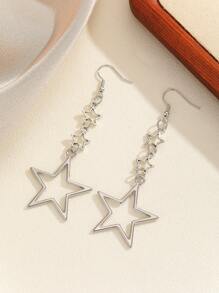 1 Pair Dainty Hollow Star Pendant Earrings, Suitable For Everyday Wear - Silver - View 3