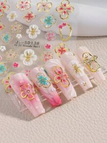 2 Pieces Of Spring And Summer Hot Gold Edged Flower Petal Relief Nail Stickers, Disposable Self-Adhesive Backing Adhesive, Women's DIY Art Decoration Accessories Nail Stickers