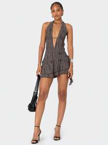 Deep V-Neck Backless Ripped Asymmetric Fashionable Sexy Mini Dress - Brown - View 5