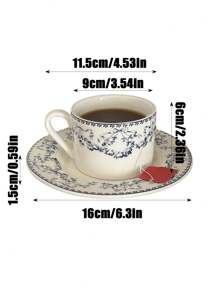 1pc French Vintage Ditsy Floral Lace Blue Ceramic Mug And Saucer Set, Everyday Home/Office Use Tea/Coffee Cup, Breakfast Oatmeal/Milk Bowl, Birthday/Holiday Gift