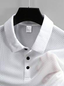 2 Pcs Men Plain Bamboo Texture Polo Shirt And Shorts Set, Casual Zipper Collar Short Sleeve Shirt With Matching Shorts Set, Summer Hawaiian Holiday, Suitable Gift For Husband/Boyfriend - White - View 6