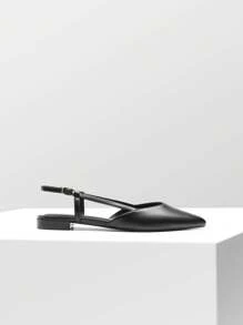 Women's Elegant Pointed-Toe Slingback Ballet Flats Leather Buckle Strap Classic Low Heel Dress Shoes For Casual Work Office Party - Black - View 5