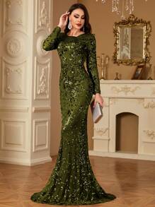 hezixi Plus Size Women's Spring/Summer High-Quality Elastic Sequin , Very Comfortable To Wear, Suitable For Different Body Wear, Formal, Party Dress, Gown, For Evening, Wedding Guest - Olive Green - View 6