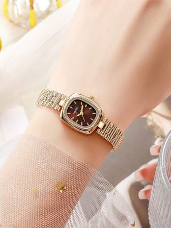 1 件/套青少年简约混合条形刻度方形表盘钢带石英表，适合生日礼物、万圣节礼物、年终促销