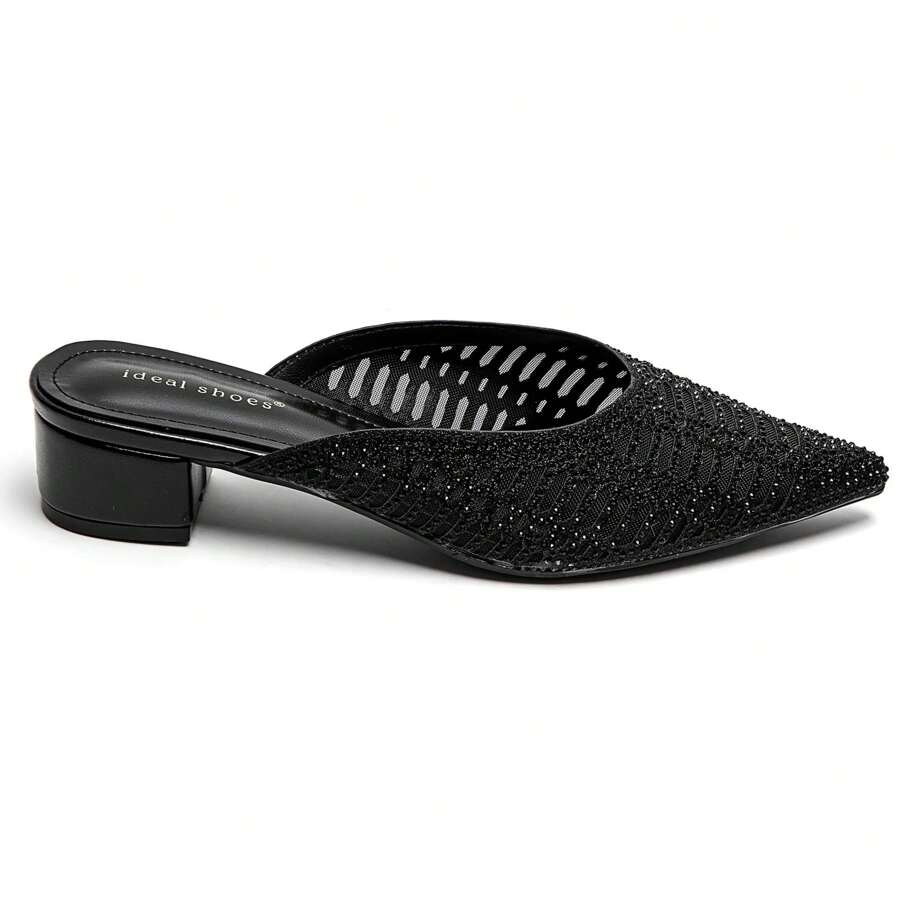 Mules à Talon Bas Avec Bout Pointu Et Strass Brillants - Black - View 1