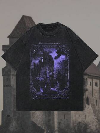 Tiny Spark 男士图案印花圆领宽松休闲短袖T恤，emo