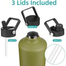 Gallon Insulated Water Bottle With Straw,128 Oz 3 Lids Water Jug With Carrying Bag,Paracord Handle, Double Wall Vacuum Stainless Steel Metal Flask,Forest Green