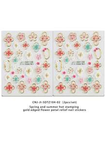 2 Pieces Of Spring And Summer Hot Gold Edged Flower Petal Relief Nail Stickers, Disposable Self-Adhesive Backing Adhesive, Women's DIY Art Decoration Accessories Nail Stickers