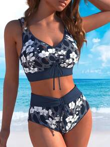 Floral Print V-Neck Backless Swimsuit Set For Women, High Waist Bandeau Bikini With Twist Design Vacation Beach - Multicolor - View 2