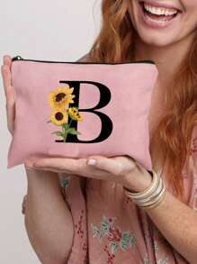 Flower Canvas Toiletry Bag, Cosmetic Bag, Makeup Bags, Wallet Name Initials A-Z Letter Pattern Toiletry Organizer Pouch Wash Bag, Lightweight, Foldable Cosmetic Pouch With Zipper | Easy-Clean, Versatile Makeup Case For Travel & Holiday Gifts Makeup Organizer Makeup Storage Bag Mini Pouch Travel Small Makeup Case Accessories Make Up Holder Brush Bag Make Up Container Cosmetic Bag Travel Essentials Ladies Accessoires Travelling Stuff