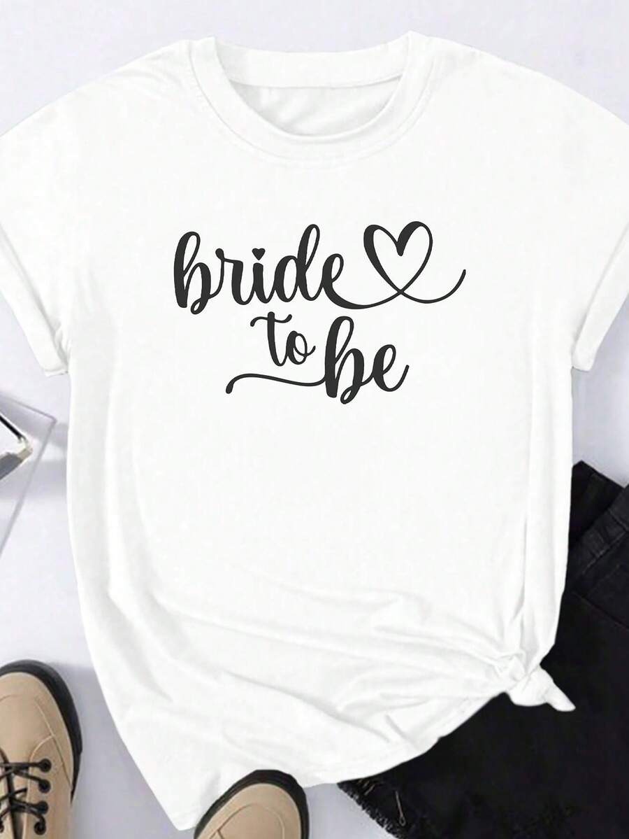 婚礼季“准新娘”字母口号宽松圆领短袖新娘T恤 - 白色 - 查看 1