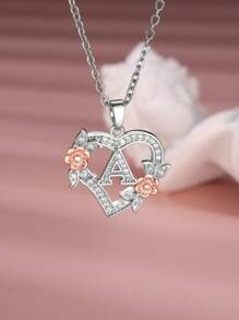 Tsnamer 1 Stück exquisiter Halskette mit kubischem Zirkonia-Initialen und herz-geschnitztem 26 Buchstaben A-Z sowie Blumen, Damen Schmuck für den täglichen Gebrauch
