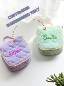 1pc Embroidered Name Cosmetic Bag, Cute Heart-Shaped Customized Makeup Pouch, Sanitary Pad Storage Bag, Travel Makeup Bag, Personalized Storage Pouch, Makeup Bag, Multifunctional Travel Accessory, Space-Saving, Formal, Stripe Exquisite, Fashion, Tidy, Minimalist, Casual, Basic Style, Unique Gift Idea, Ideal Gift For Girlfriend, Family, Friend On Anniversary - Multicolor - View 1