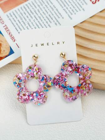 1 Pair Acrylic Blingbling Hollow Flower Sequin Earrings, Cute Girl Student Everyday Earrings, Unique Gift