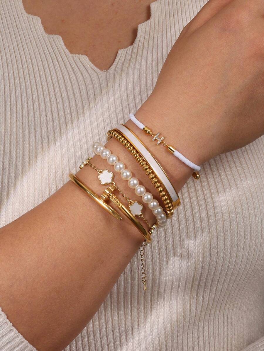 1 件不锈钢编织手链首饰套装，时尚女性日常佩戴 - 白色 - 查看 1