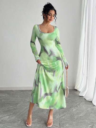 Women's Autumn/Winter Tie-Dye Tie Dye Print Bodycon Dress, Crew Neck Long Sleeve, Elastic Waist, Flared Skirt, Elegant & Sexy For Parties, Dates, Gatherings