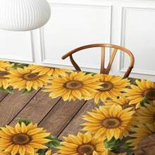 1pc Wood Grain Sunflower Print Tablecloth, Modern Polyester Rectangular & Round Waterproof Tablecloth, Digital Printing Suitable For Living Room, Home, Outdoor Dining Table, Small Round Table - Multicolor - View 7