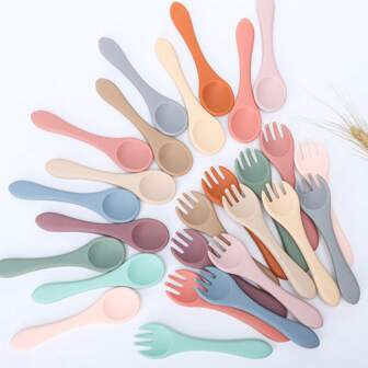 2pcs/8pcs Silicone Baby Spoons And Forks, Infant Training Spoons With Long Handles, Silicone Spoons And Forks, Protect Teeth, Heat Resistant, Easy To Clean, Dishwasher , Suitable For Baby Daily Use,