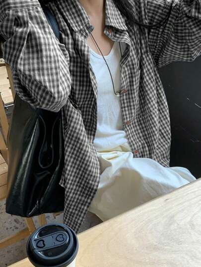 复古美式宽松格子女式衬衫，春夏休闲复古风黑色