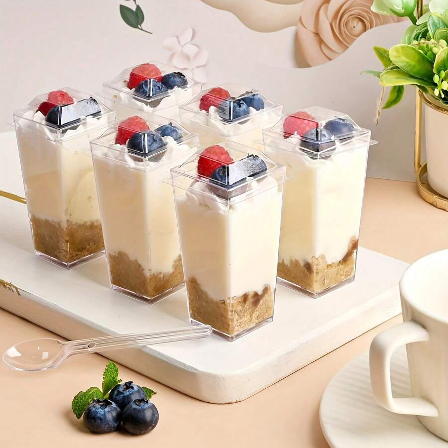 50pcs 3oz Mini Dessert Square Bowls Cups With Lids And Spoons, Plastic Parfait Appetizer Cups, Disposable Parfait Cups, Clear Shooter Cups, Yogurt Parfait Containers, Small Mousse Cups, Square Dessert Serving Cup, Wedding Party Supplies - thông thoáng - Xem 1