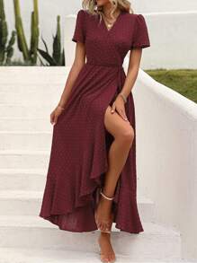 Women's Summer Wrap Dress Casual Boho Chic Floral V-Neck Short Sleeve Flanged Beach Holiday Dress - Màu Đỏ Sâu - Xem 4