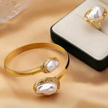 2 件套欧美风格不对称珍珠手链和戒指首饰套装，浪漫优雅的女性礼物